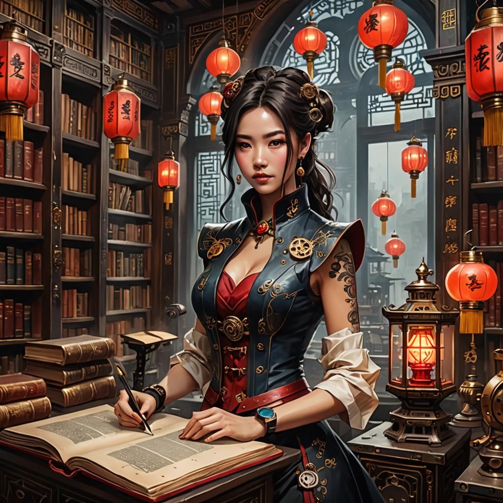 Young Woman in Steampunk Library: Chinese Ink Painting