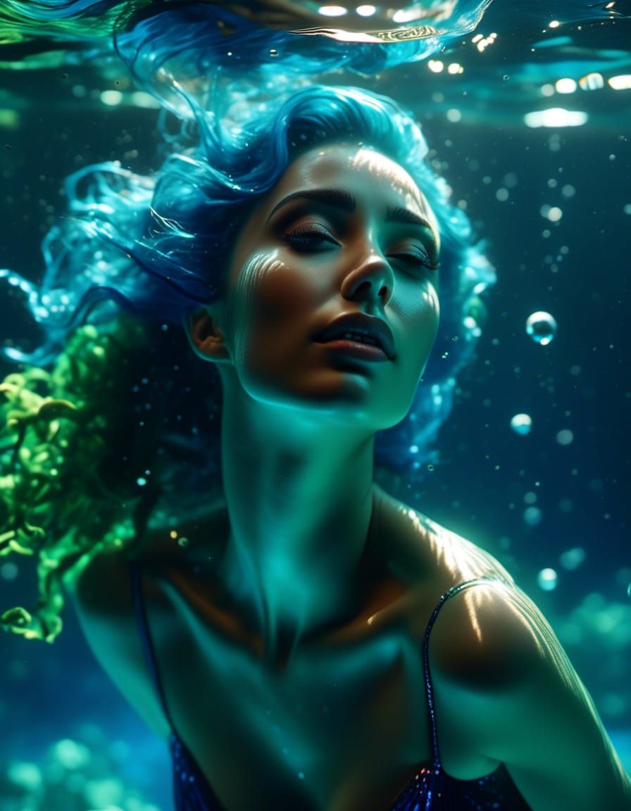 <lora:Surface Reflections:1.0> Hyperrealistic 8k professional underwater portrait, beautiful mysterious woman with expressive eyes long eyel...