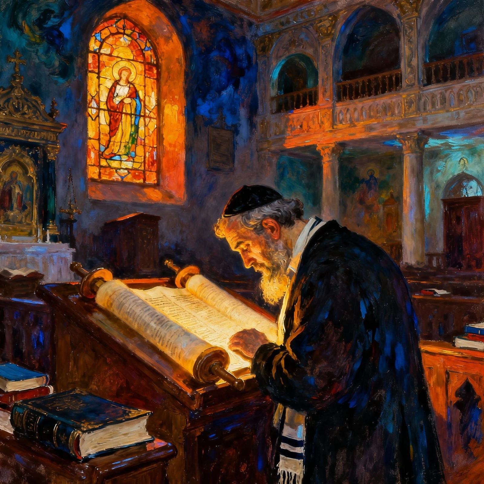 Jewish Man Praying in Synagogue, Rembrandt & Chagall Style