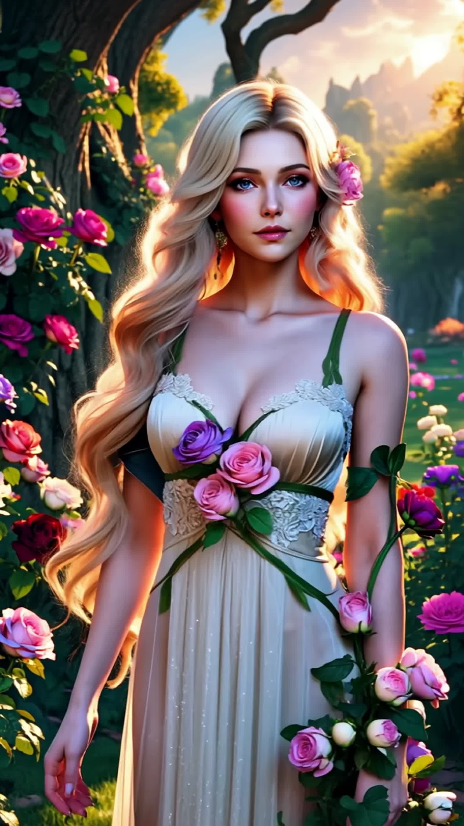 In a lush, enchanted garden bursting with vibrant roses in shades of pink, purple, red, orange, yellow, blue, black, and...