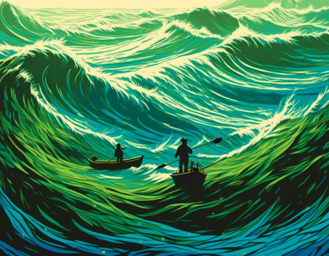 Fisherman Rowing on Vibrant Waves