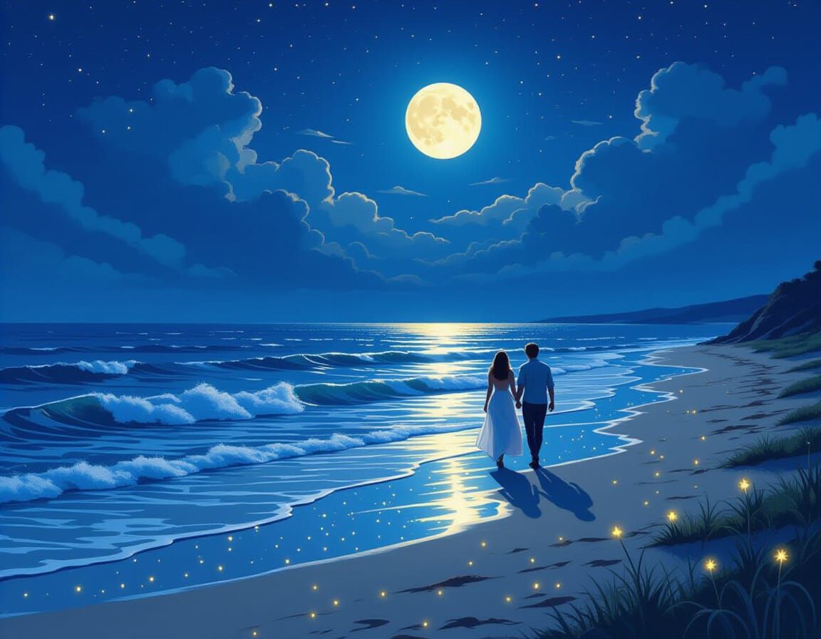 „Eine träumerische Sommernacht am Meer. Mondlicht spiegelt sich auf ruhigen Wellen, das Wasser leuchtet ...  by @Lari Runa