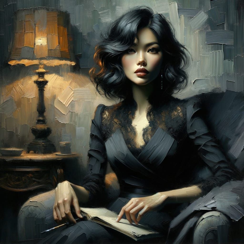 Under the intimate glow of flickering early‑20th‑century lamp light, render a stunning portrait of a woman with glossy b...