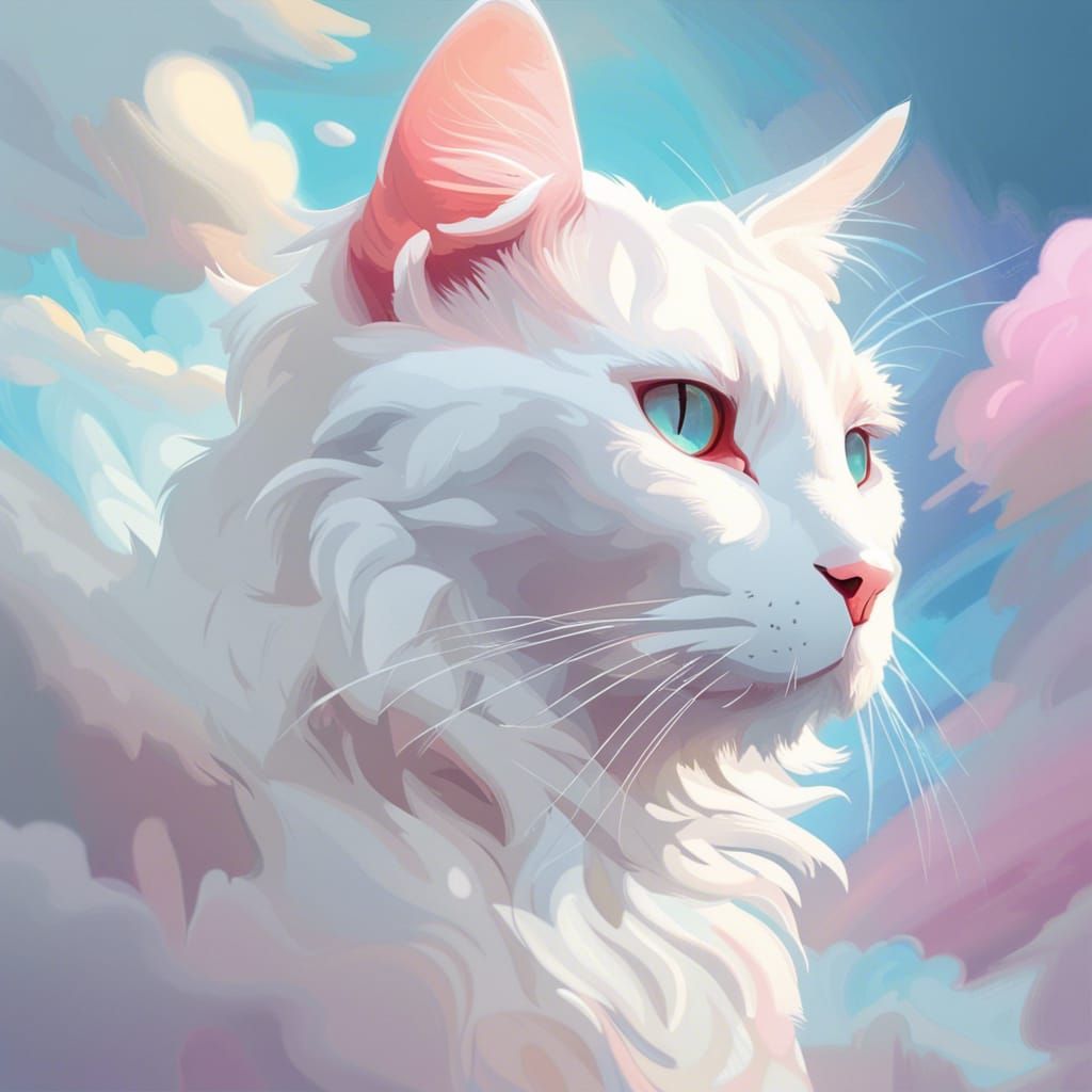 A white cat in the clouds colorful Igor pastel colors