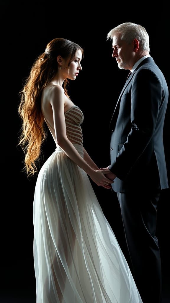 Ethereal Woman Confronts Suited Figure in Haunting Cinematic...