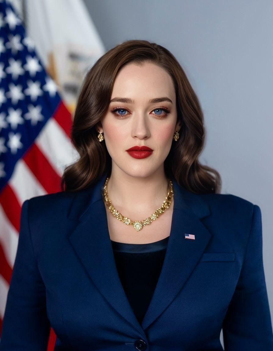 Kat Dennings as a vice president with Kate Upton's hair, golden sparkle necklace, glamorous make-up