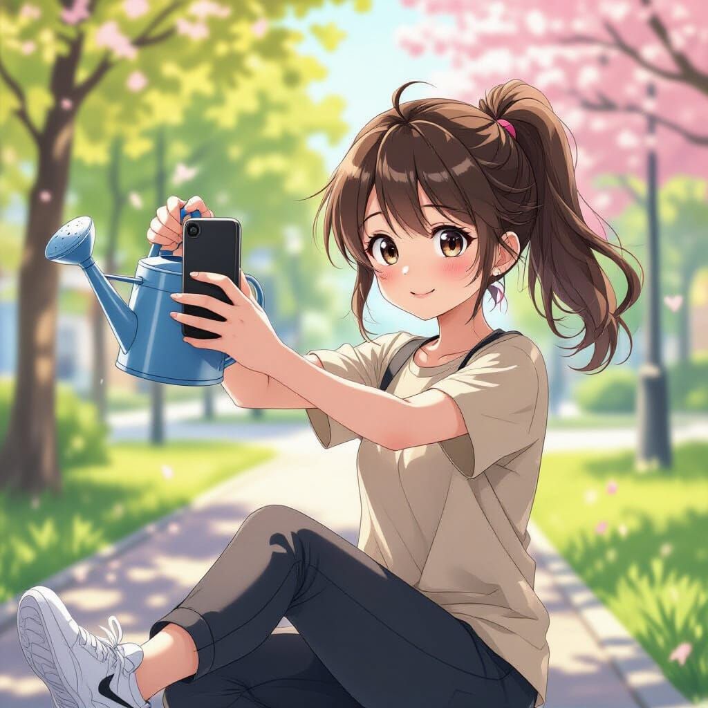 Girl Taking Selfie with Watering Can in Anime Style