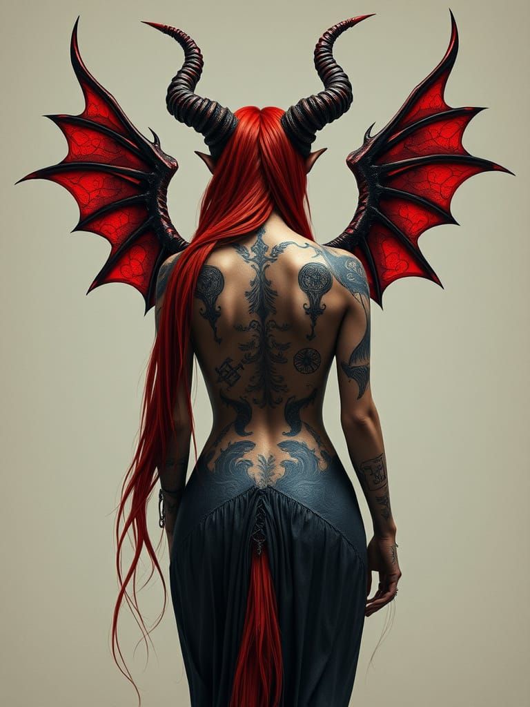 a beautiful demoness::long red hair:: long twisted horns:: back facing view:: tattooed of symbolism of hurt and pain:: 3d render::deep color...