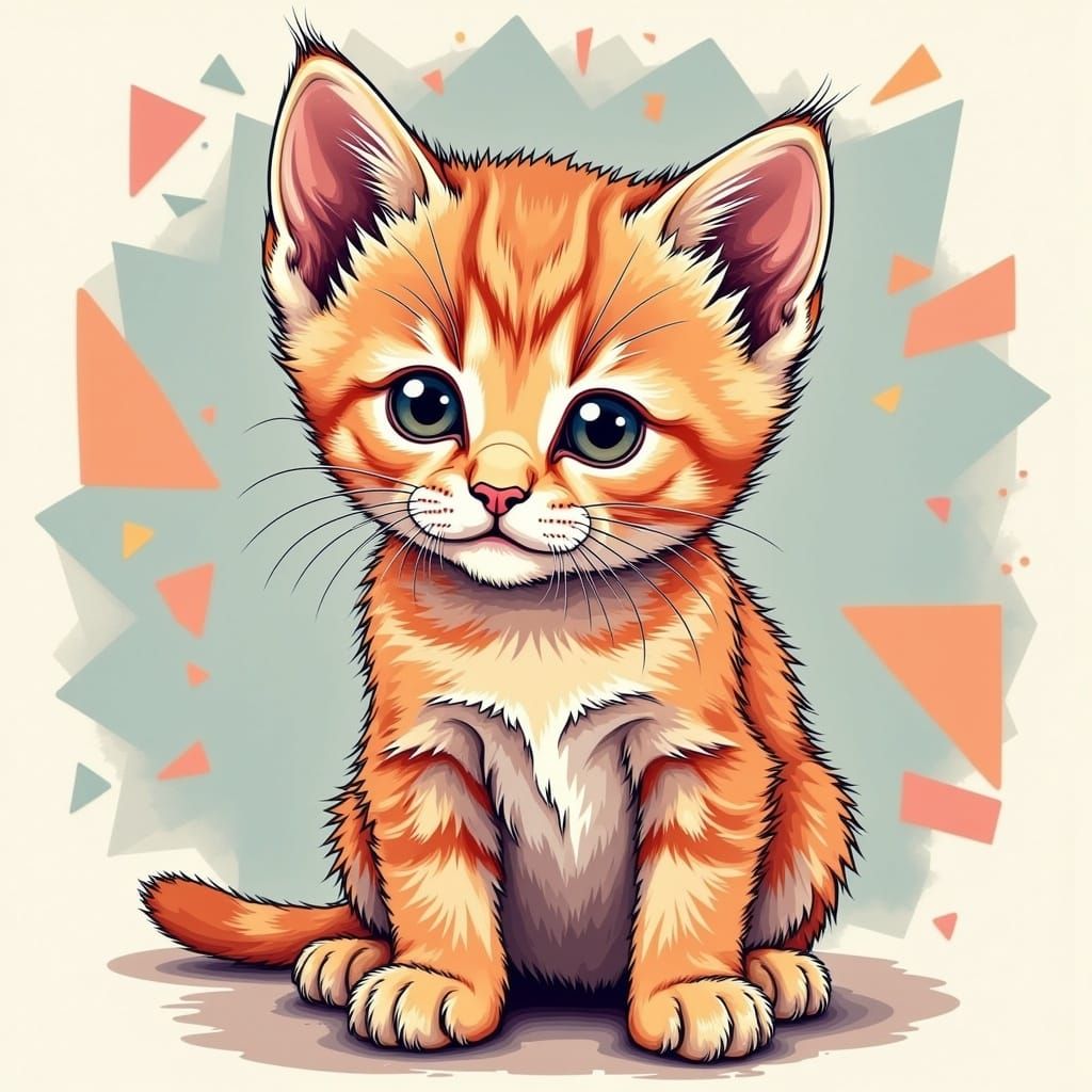 <lora:Screen Printz:1.0>  A cute kitten, thick outline, hyper detailed, colored screen print, correct anatomy, geometric background 