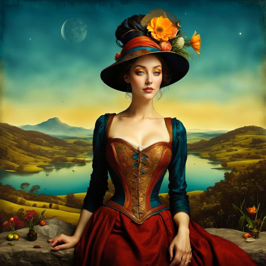 Medieval Ladies with Whimsical Creatures in Vibrant Colors