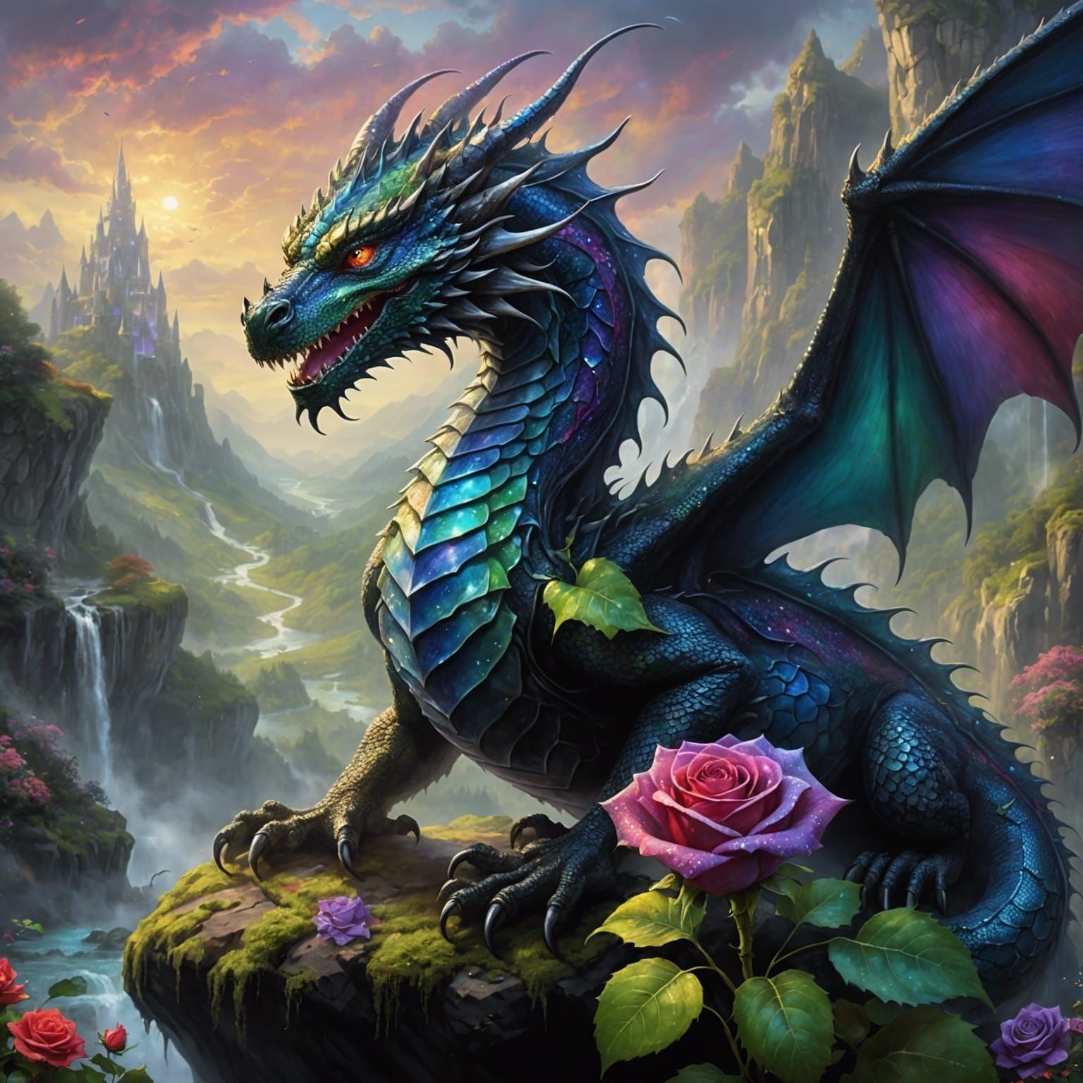 Detailed rainbow scaled dragon with detailed roses and fanta...