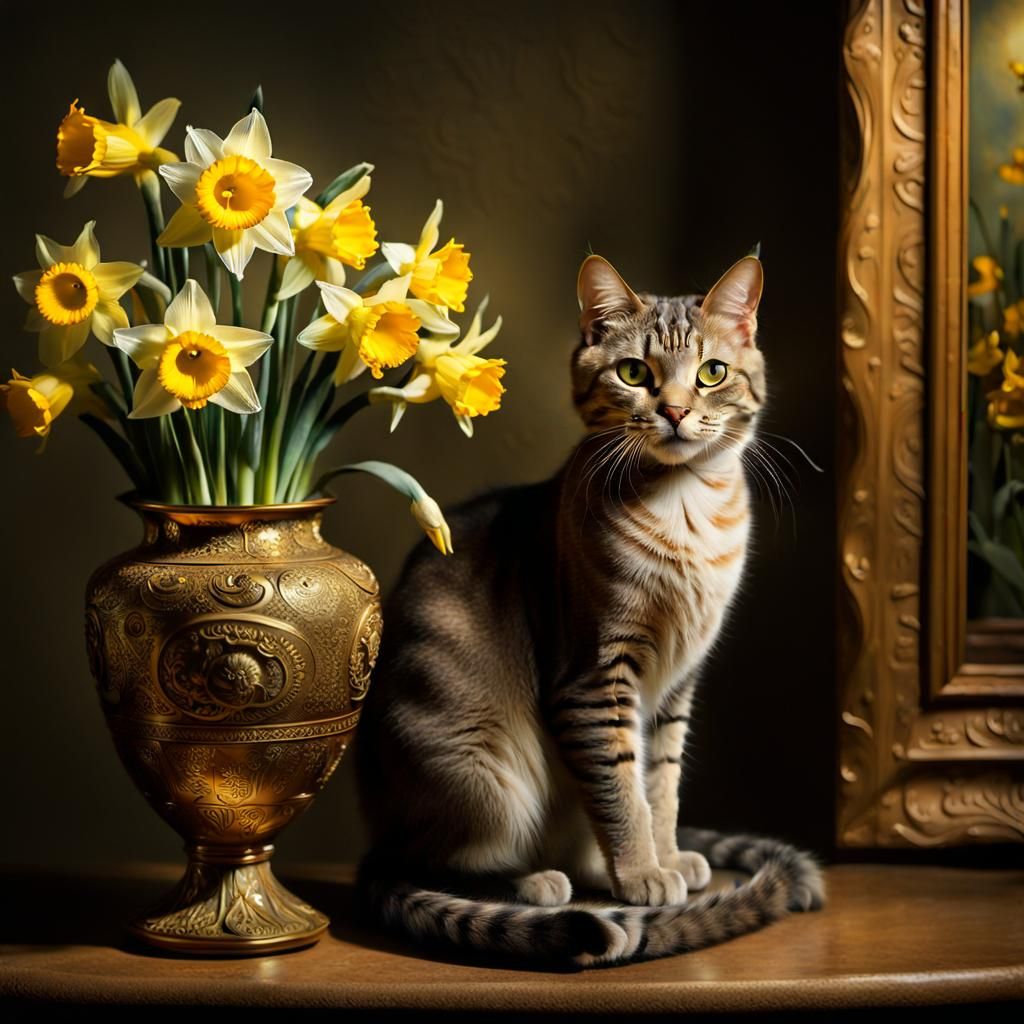 Eerie Cat Coiled Around Vase in Moonlight