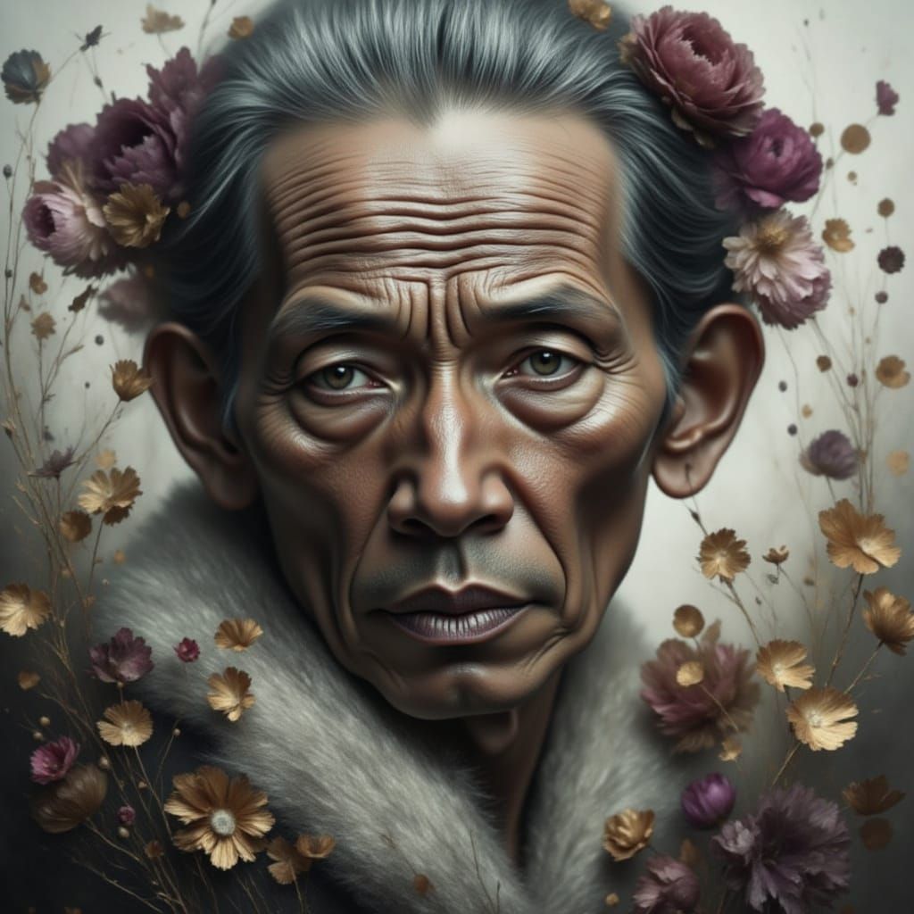 <lora:Man Intensity:1.0> <lora:DreamweaverFlux:1.0> <lora:Exquisite Intensity:1.0> Metallic floral portrait of an Asian old man, detailed, s...