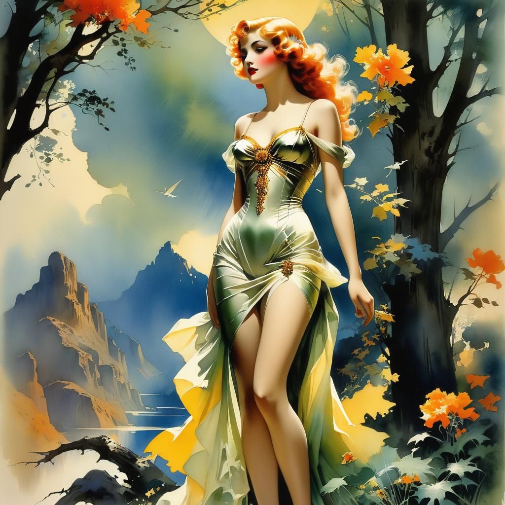 Serene Surreal Landscape in Watercolor Style