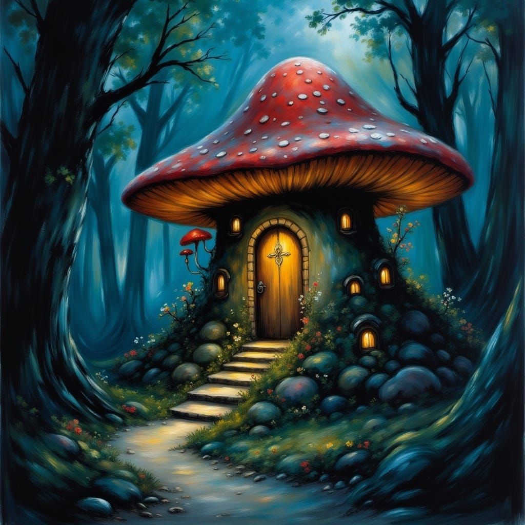 A fairy mushroom house in an enchanted bioluminescent forest. <lora:Haunting Portraits:1.0> 