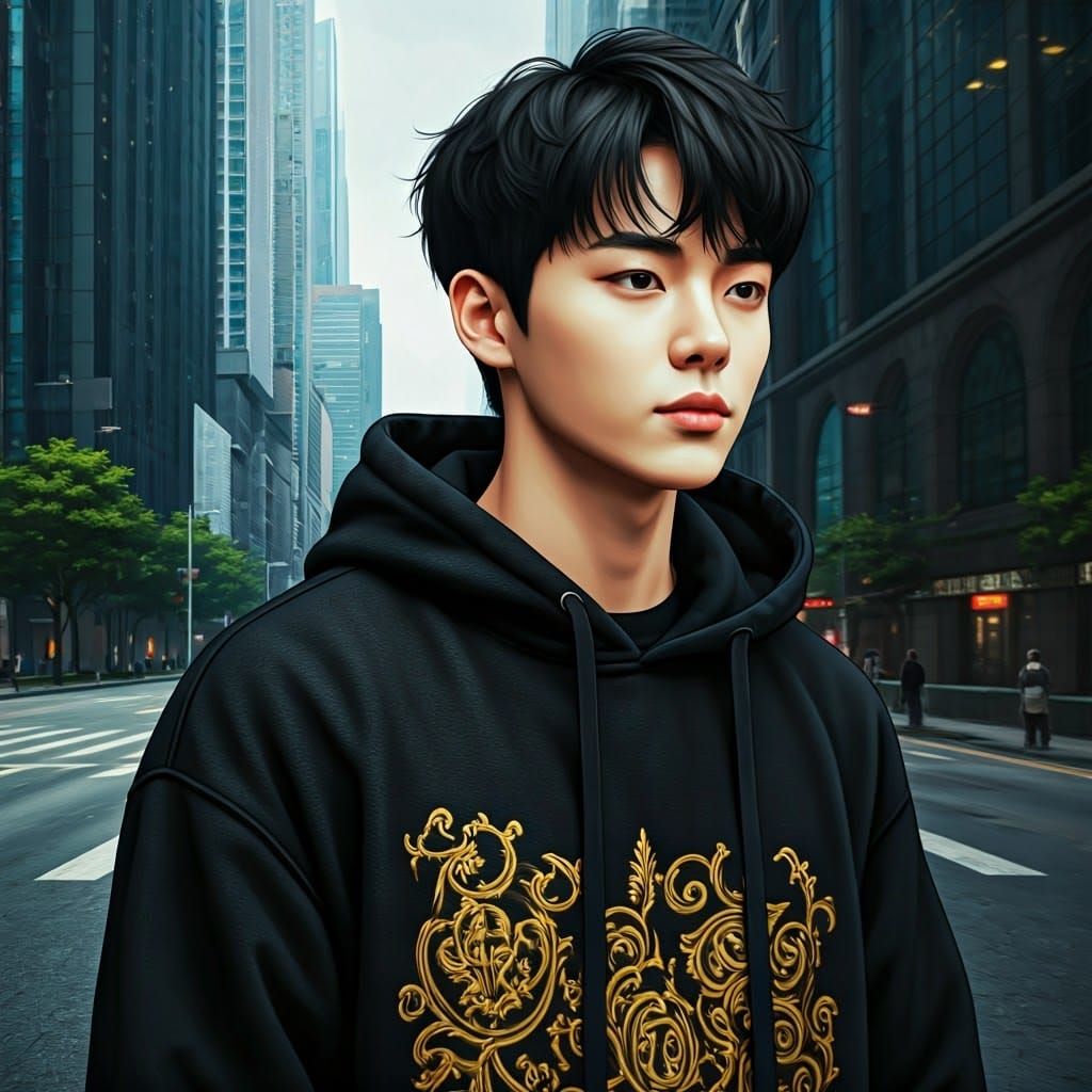 Stylish Korean Boy in Urban Cityscape, Matte Painting
