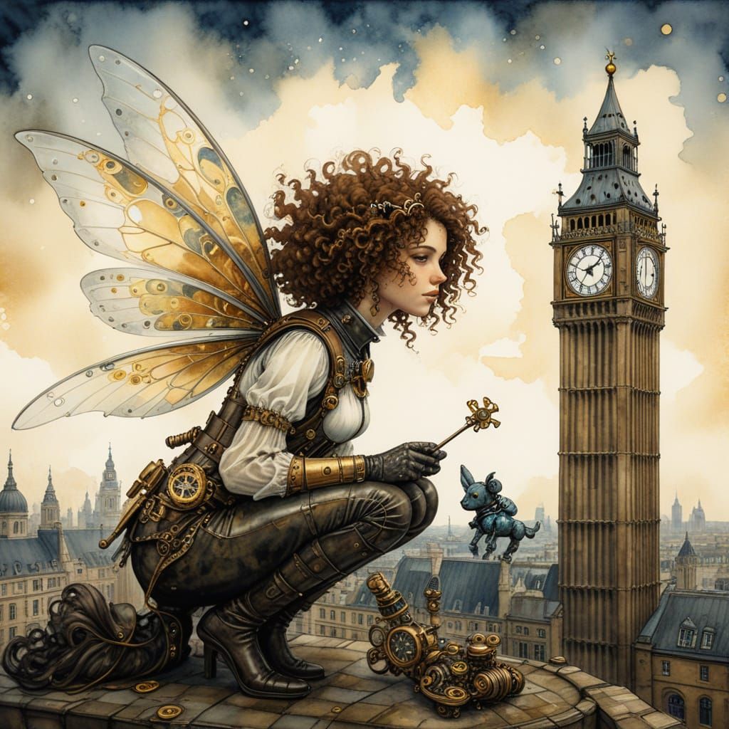 Steampunk, curly haired winged fairy wearing a steampunk jetpack pauses to search a London clocktower ...  by @Jano