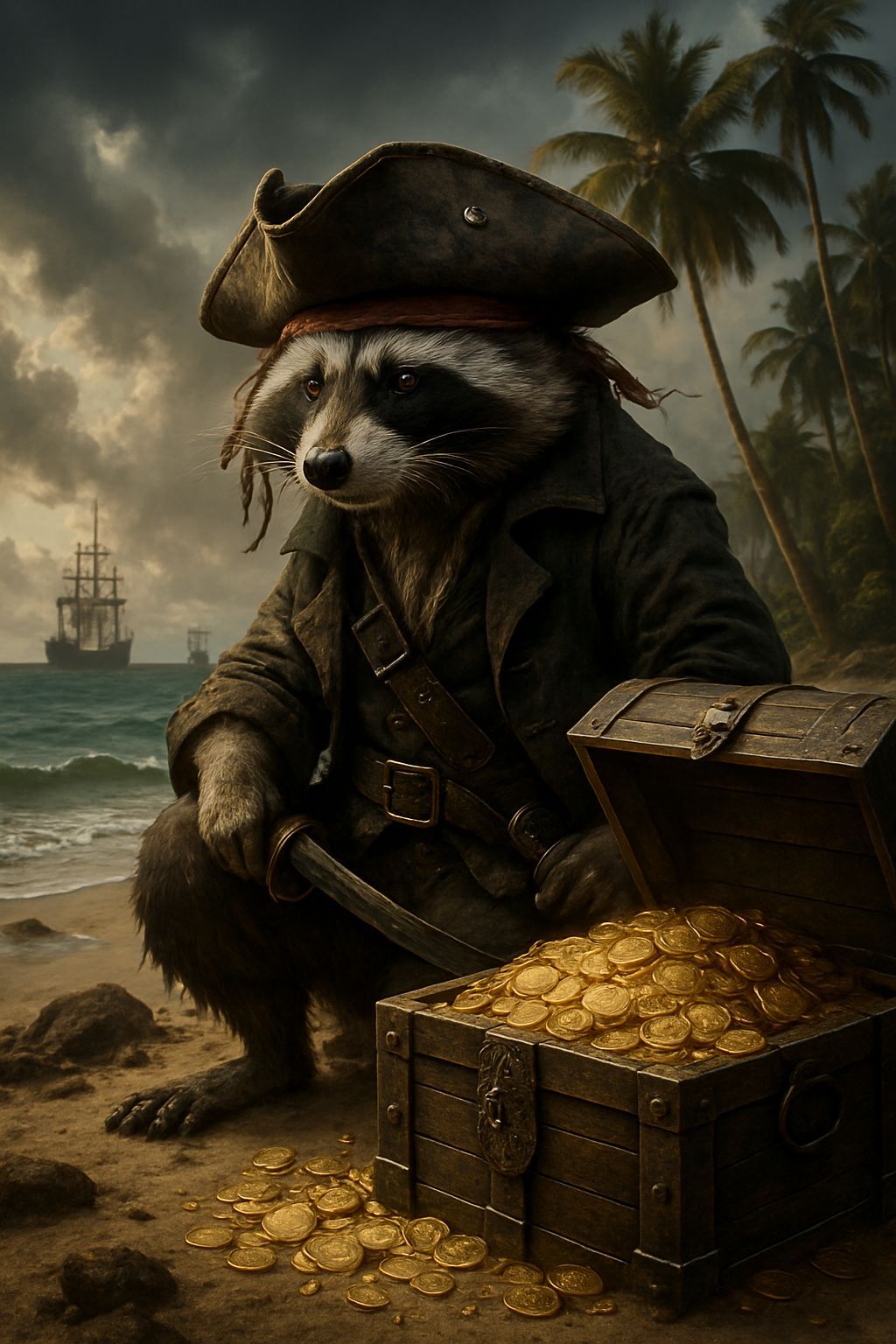 A pirate raccoon guarding a chest of gold on a small Caribbean island.  by @Apilas