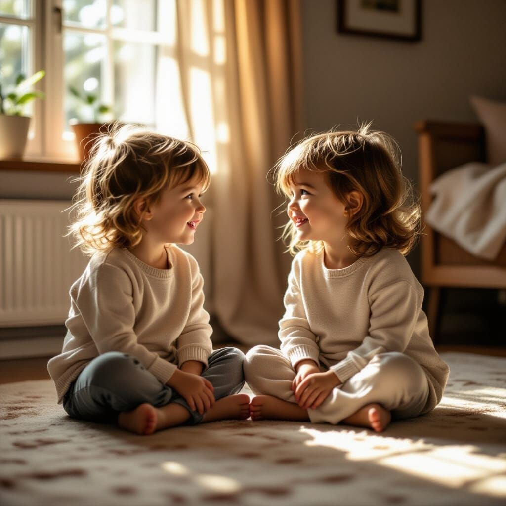 Twins Smiling in Sunlit Home, Cinematic Film Still