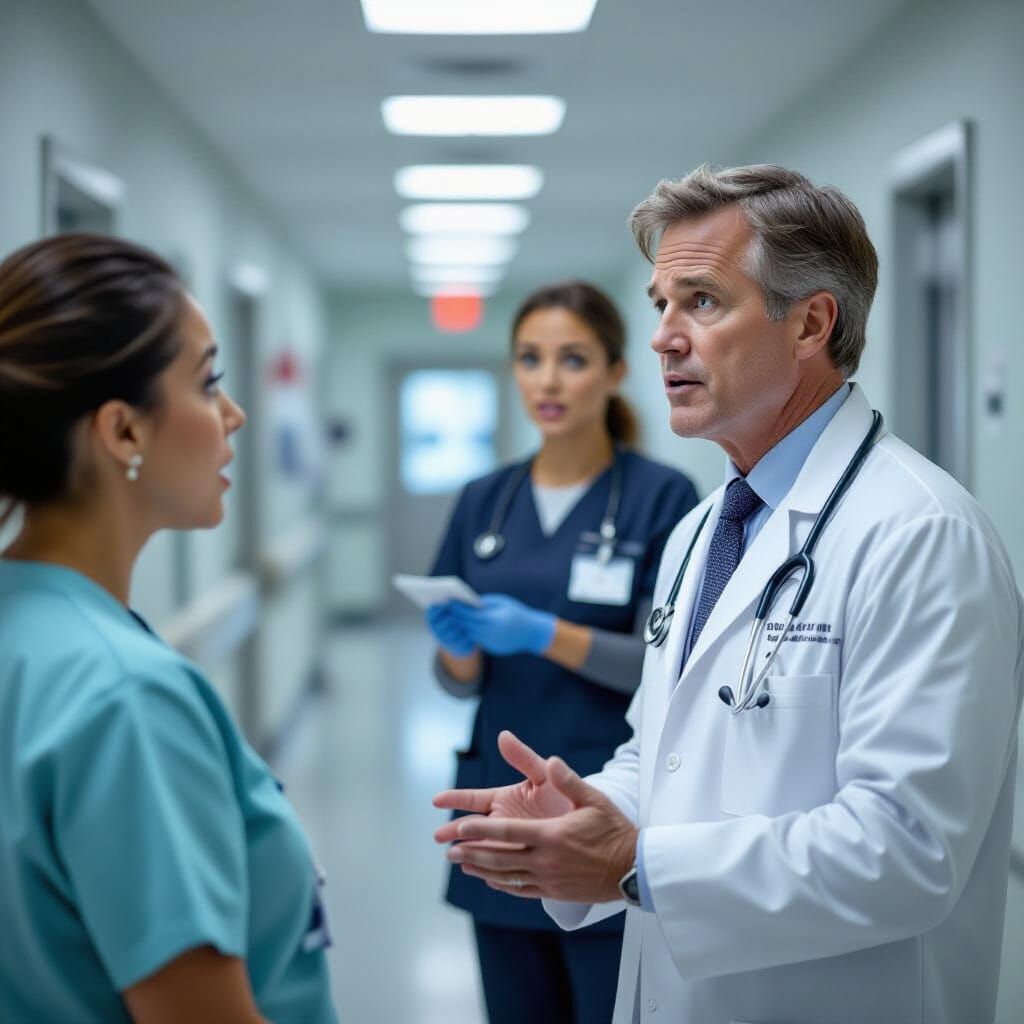 Robert Kennedy, Jr. is a doctor. He is standing in a hospital hallway. He looks puzzled. He is talking to a nurse. The n...