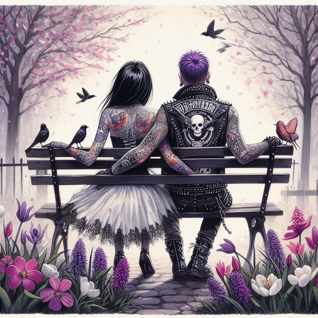 Gothic couple sitting on the bench