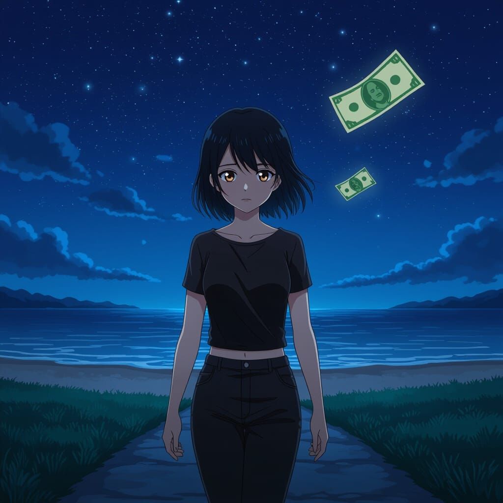 Anime Woman Walks Desolate Beach Path at Night