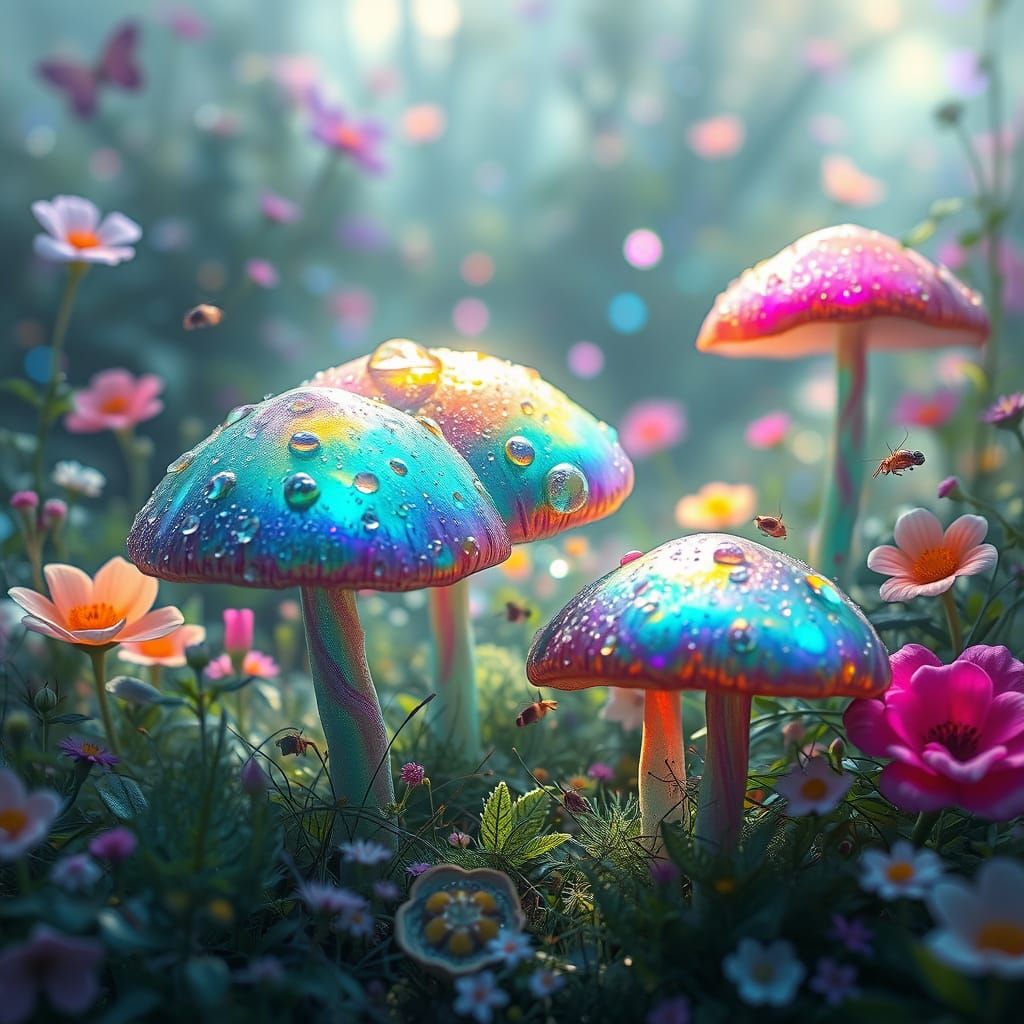 Trippy multicoloured mushrooms and little creatures sourounding the mushrooms in a heavenly place.
Realistic ...  by @Tiger princess 