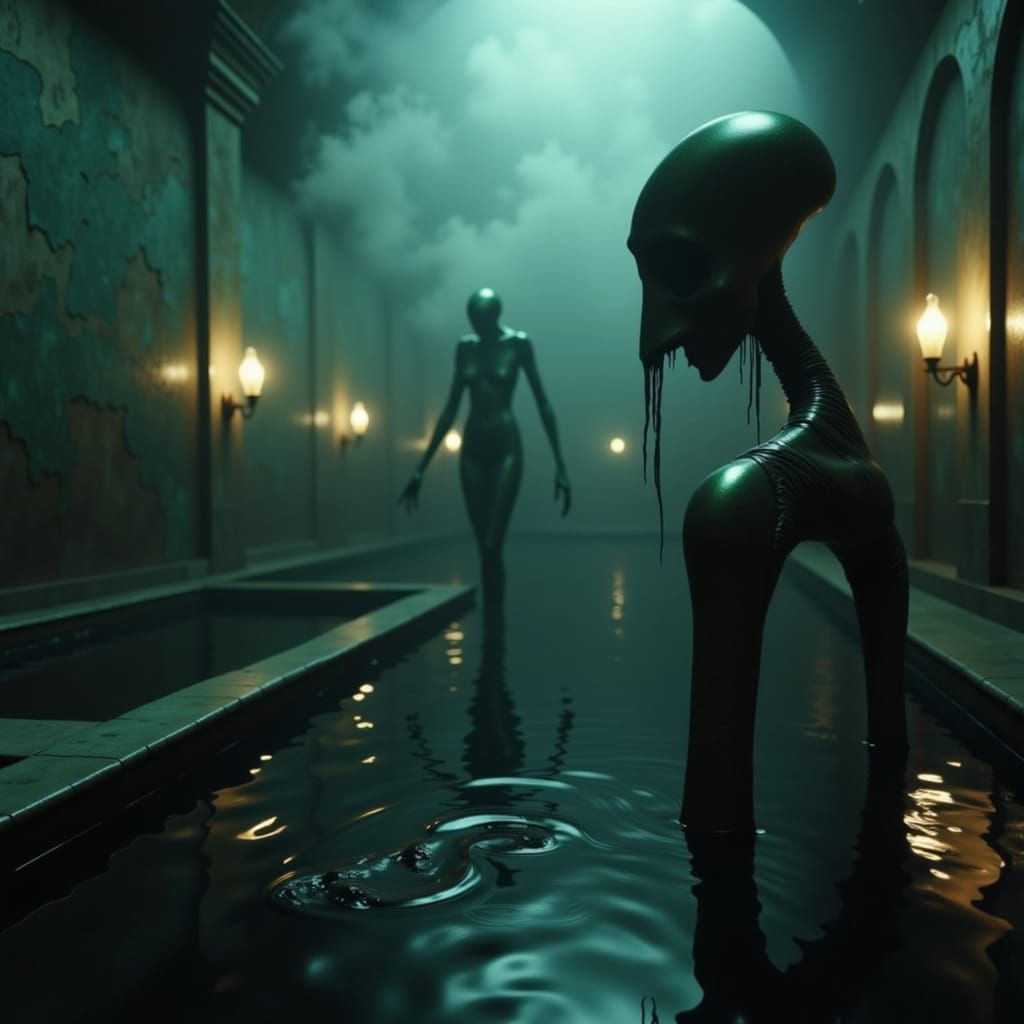 *"Wide-angle, cinematic shot inside a decaying, steam-filled bathhouse. The air is dense with mist, diffusing the glow of a few trembling oi...