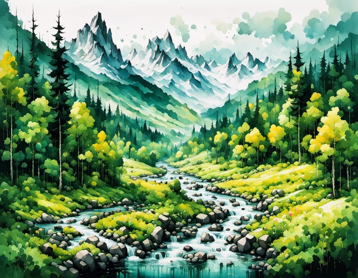 Lush forest with river and mountains in the background, <lora:Conception:1.0>