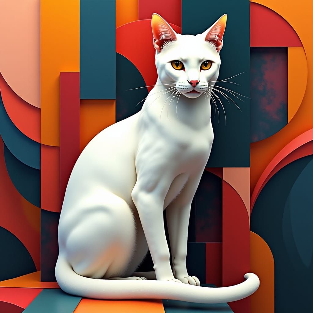 Geometric White Cat in Cubist Art Deco Style