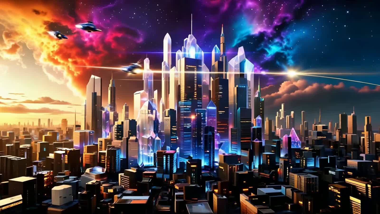 A breathtaking panoramic view of a celestial cityscape, where towering skyscrapers made of crystal and light pierce a ne...