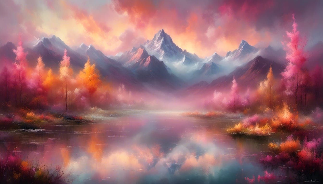 Sunset Mountain Range in Impressionist Style