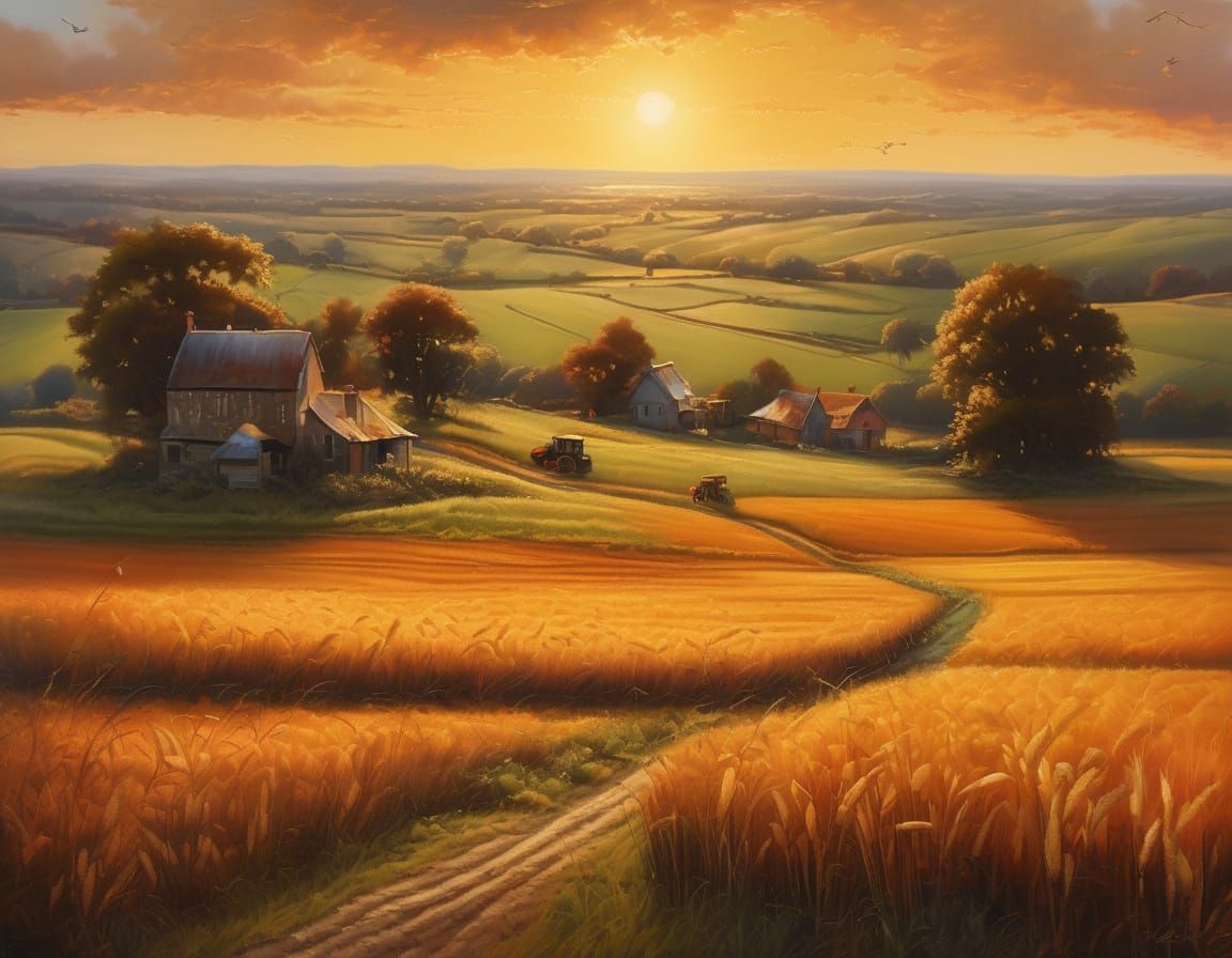 ((Terry Redlin style painting)), ((golden sunset over farmland)), (combine harvester and tractor working ...  by @GoingJade