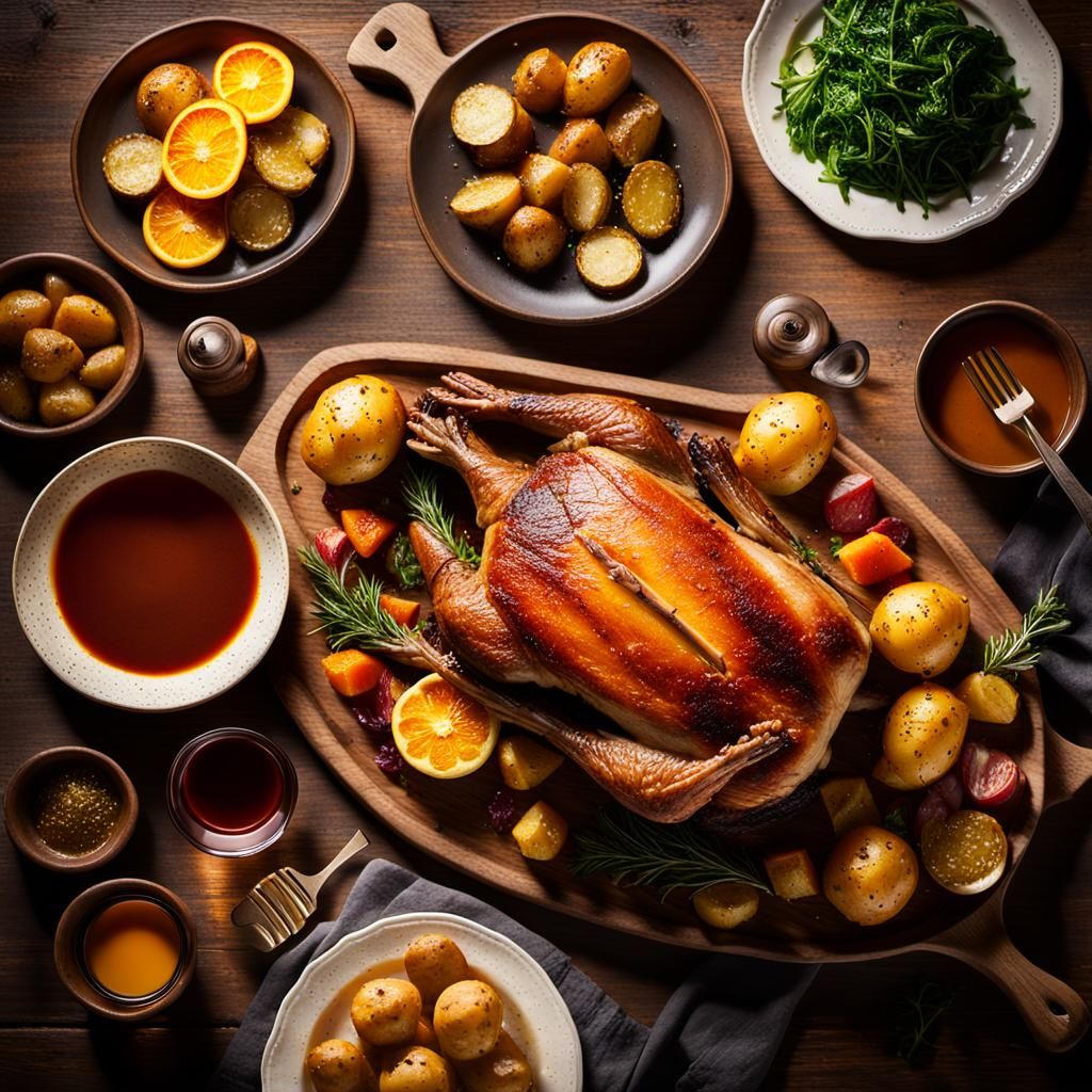 "A whole roasted duck, glazed with a honey-orange sauce, ser...