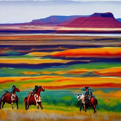 Ranch in a beautiful painted desert, cowboys on horseback