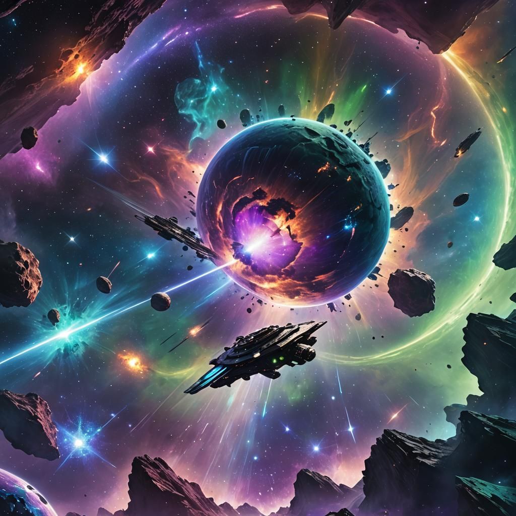 Outer space scene with a blue star in the background and a nebula with an astroid belt revolving around the star. A starship navigating thro...