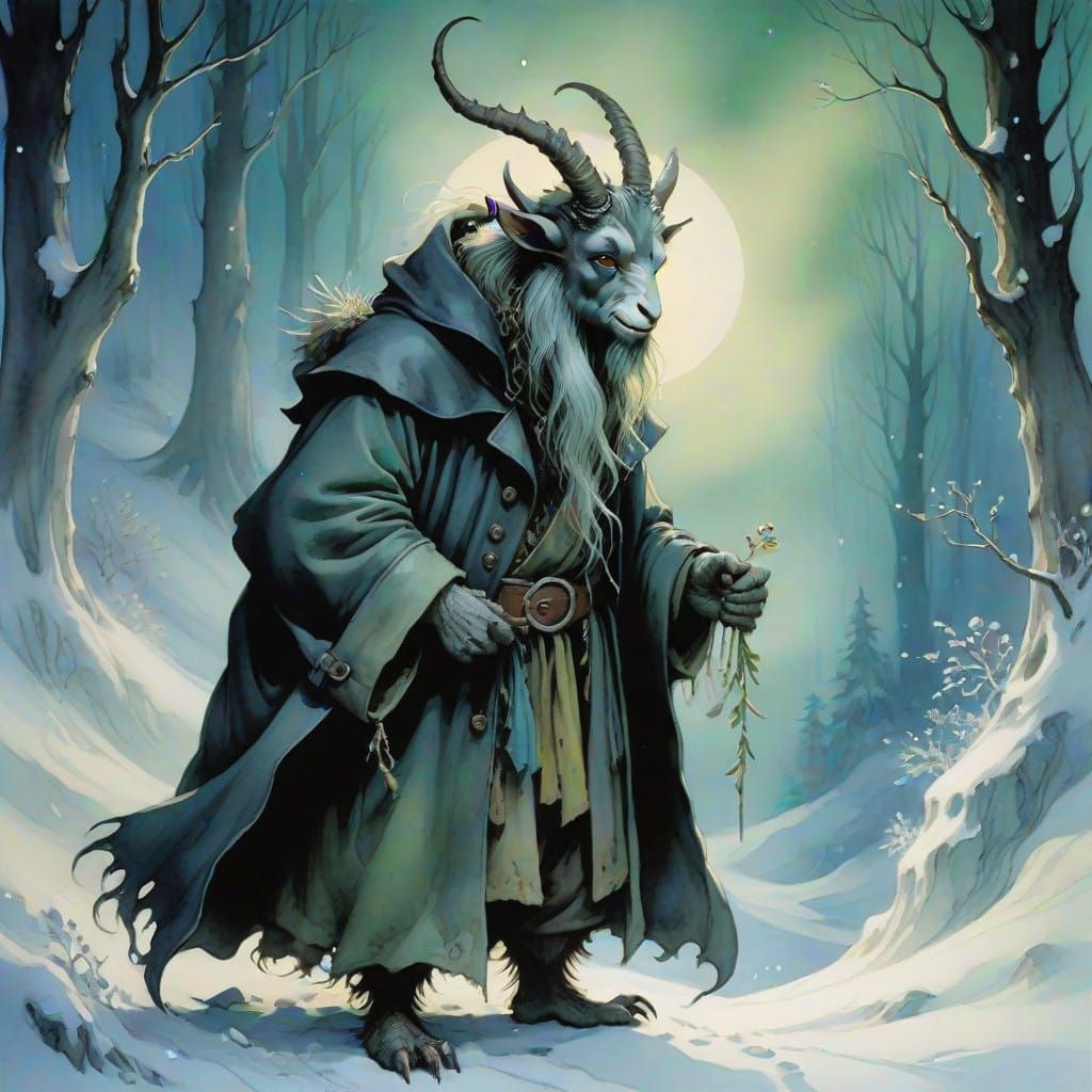 A charming and whimsical Krampus reimagined as a soft, endearing creature in the gentle styles of Beatrix Potter and Rebecca Sugar. He stand...