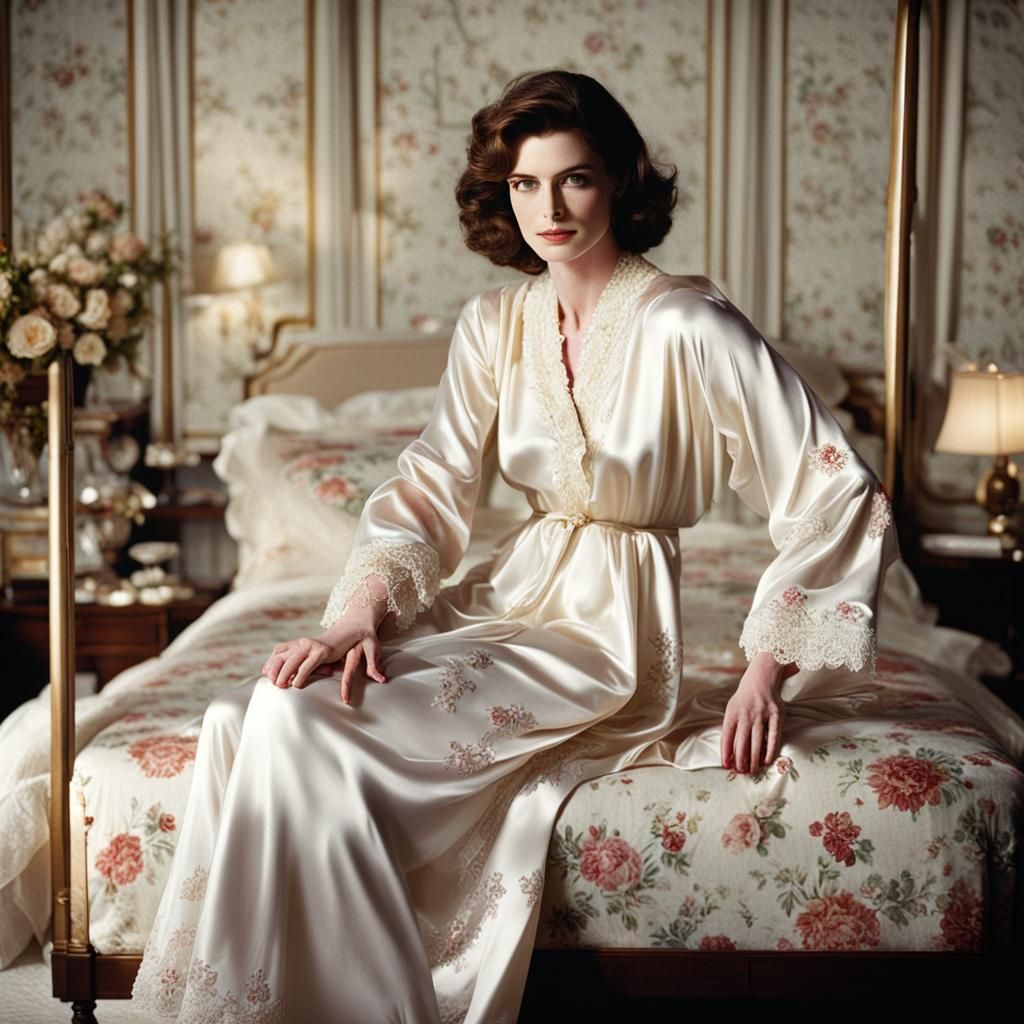 Ann Hathway wearing a negligee sitting on a bed in a luxurio...