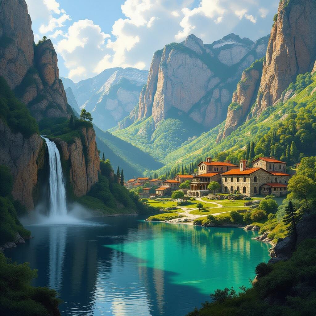 View looking down over a grassy caldera, mountain rock walls raising up into the sky, waterfall rushing down one side and leading to a mirro...