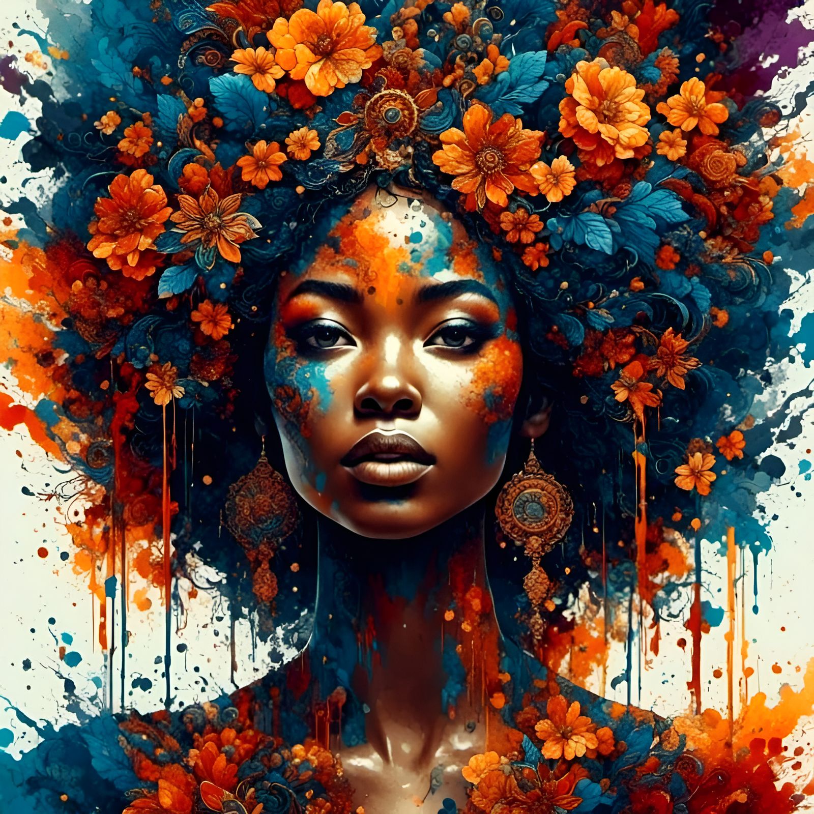 a beautiful ebony woman wearing a dress made from dripping oils of different triadic colours <lora:PaubhariXL:1.0> <lora...