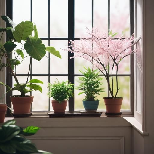 Beautifully window lit interior w/ many potted plants & view...