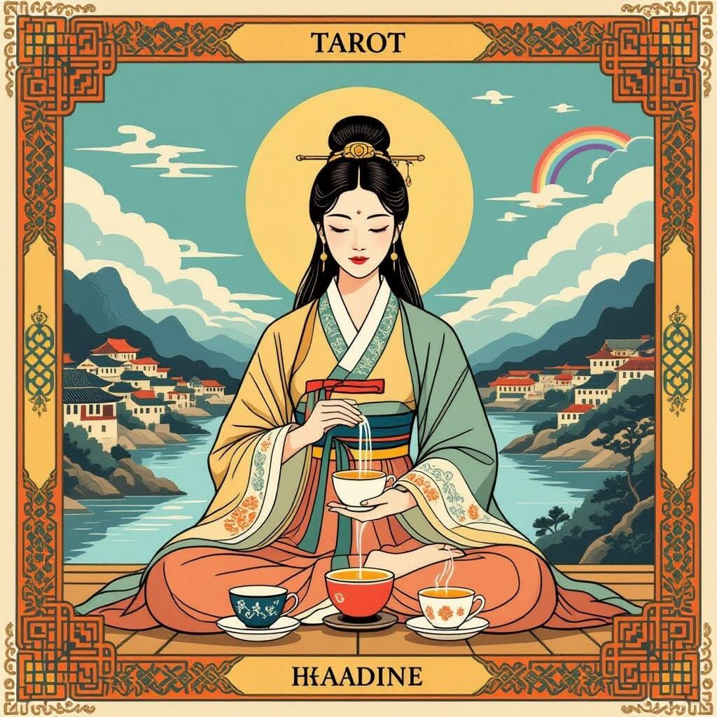 The card conveys a sense of balance, harmony, patience, moderation, and successful integration. The composition will be calm and flowing, of...