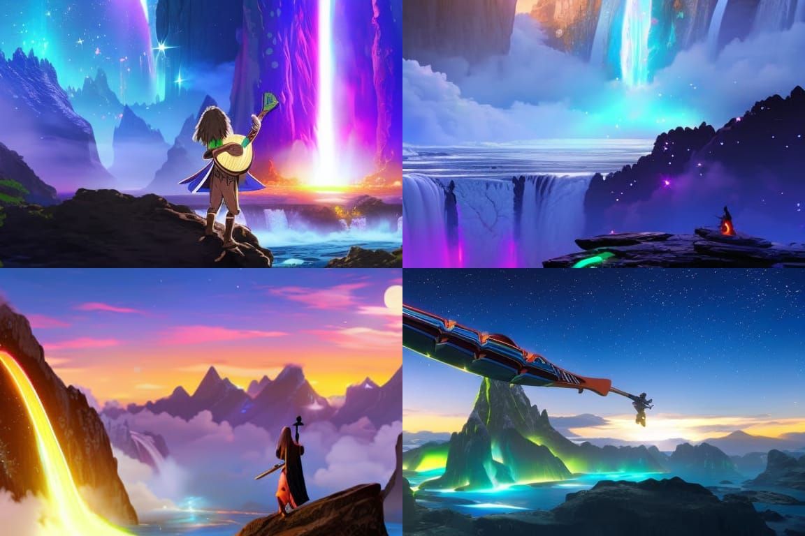 the god of a huge waterfall comes through it and starts play...