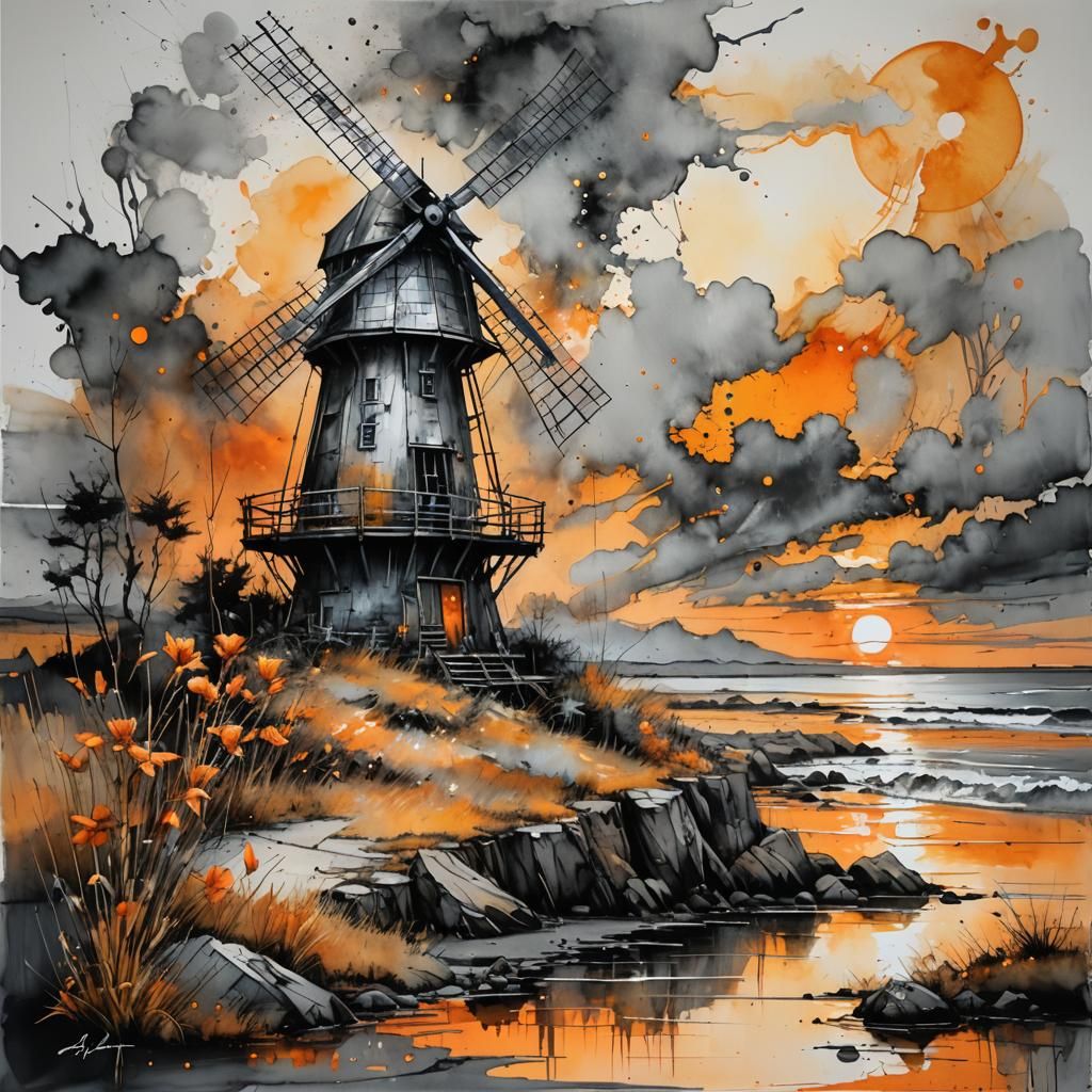 The old windmill at sunset