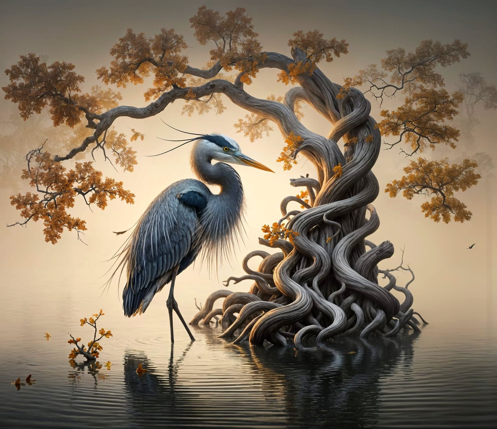 Create an image of a majestic Great Blue Heron standing on a twisted, gnarled tree stump submerged in ...  by @Kindly Offer