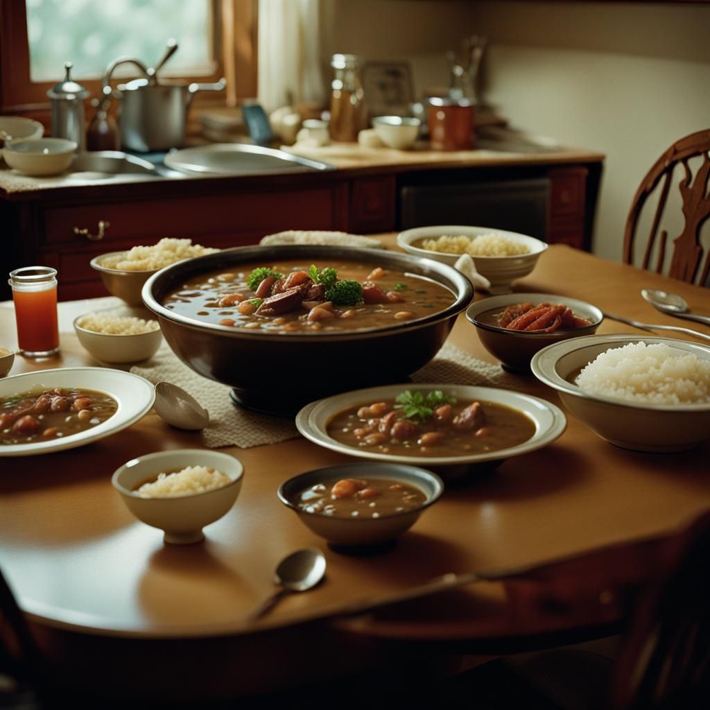 Big bowl of gumbo on top of rice, on a kitchen table, family...