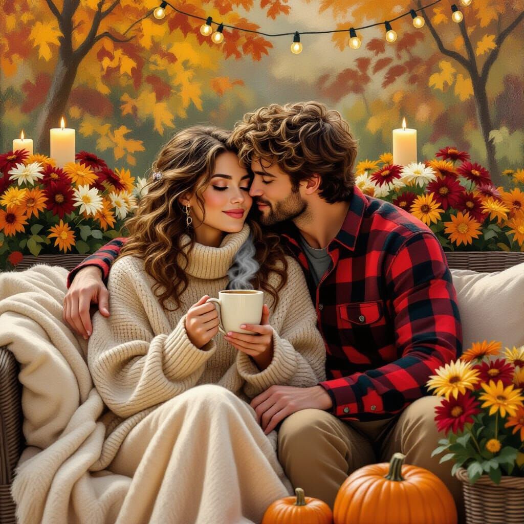 Autumnal Embrace: Impressionistic Oil Painting of a Couple