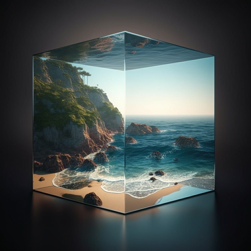 the shoreline in a glass cube, HDR. 3D, high detailed
