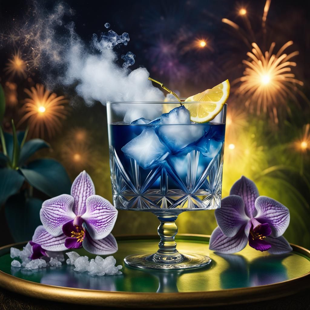 Crystal whisky glass, gold rim, filled with dry ice midnight blue gin ...