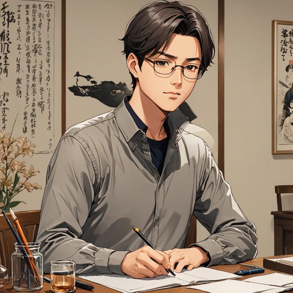 Anime Style Man Drawing at Table